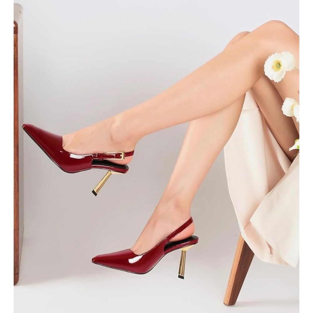 RIBONGZ Dark Red Patent Leather Slingback Gold Heel Pumps XDH01 Size 9